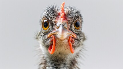 Naklejka premium A close-up portrait captures the curiosity of a chicken as it gazes directly into the camera against a crisp white background. With its feathers ruffled and eyes wide with interest, the chicken's