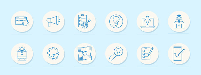 Teambuilding set icon. Hands, megaphone, rocket, ideas, teamwork, integration, leader, planning, unity, collaboration. Company culture, cooperation concept.