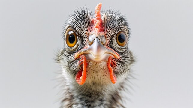 A close-up portrait captures the curiosity of a chicken as it gazes directly into the camera against a crisp white background. With its feathers ruffled and eyes wide with interest, the chicken's