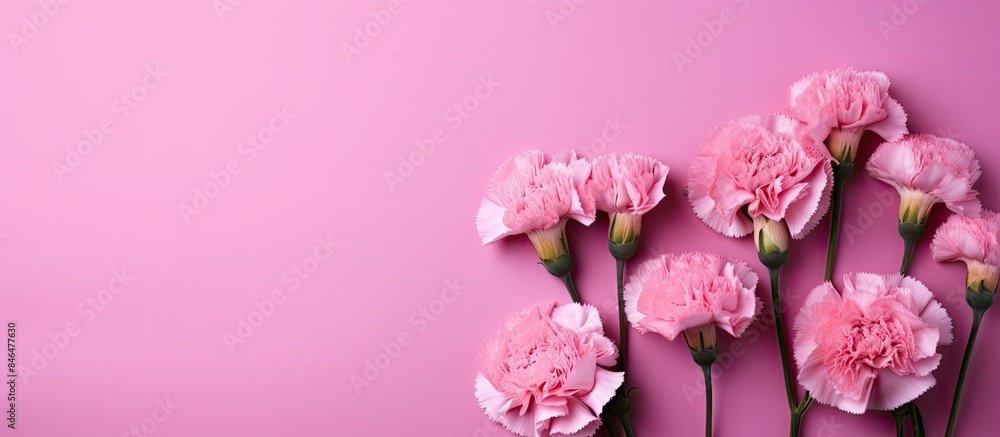 Poster close up of beautiful tender baby pink carnations on a bright pink background perfect for a mother s