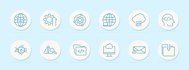 Technology set icon. Fan, USB, webcam, printer, projector, monitor, outlet, speaker, server, CD, mouse. Electronics, computer accessories, office equipment concept. Vector line icons