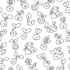 Cute kawaii seed with roots. Seamless pattern. Coloring Page. Bean sprout. Cartoon plant gardening characters. Hand drawn style. Vector drawing. Design ornaments.