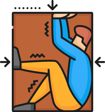 Claustrophobia psychology anxiety, phobia or mental health problem outline color icon. Claustrophobia fear or mental disorder thin line vector symbol or pictogram with man scared of tight space