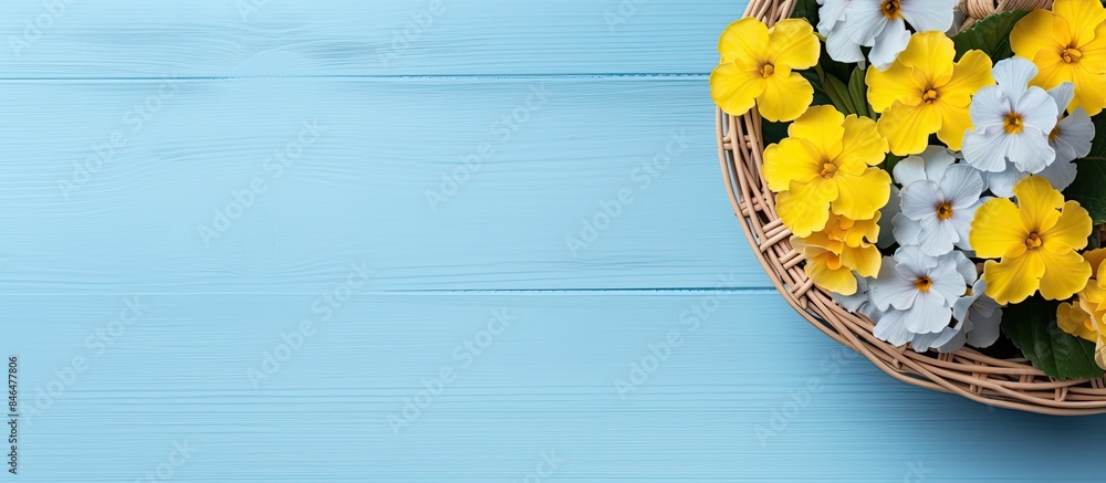 Leinwandbilder Top view of a wicker basket filled with lovely primula primrose flowers resting on a light blue wooden table The arrangement offers ample copy space for text creating a perfect display for the vibran