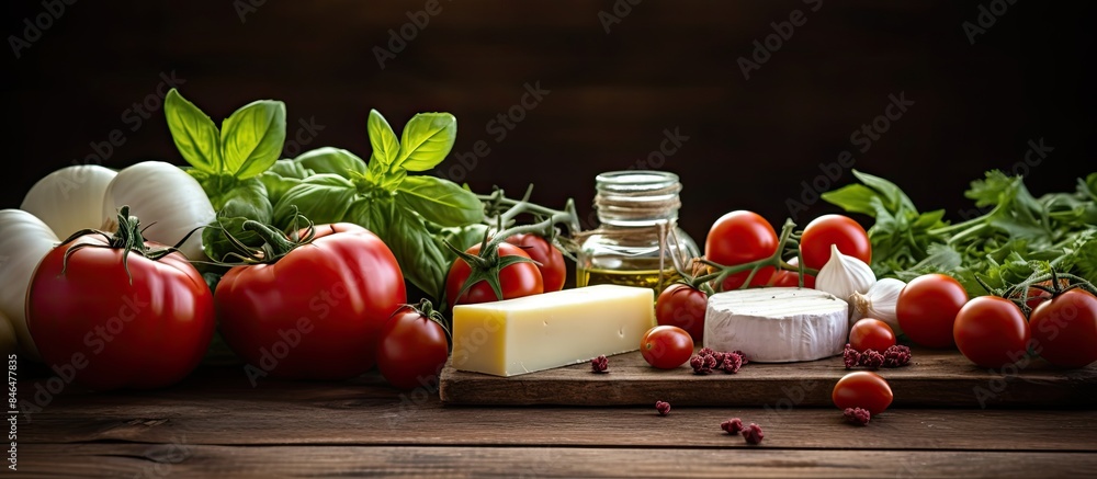 Poster the ingredients for a delicious salad cheese tomatoes cucumbers and basil are beautifully arranged o