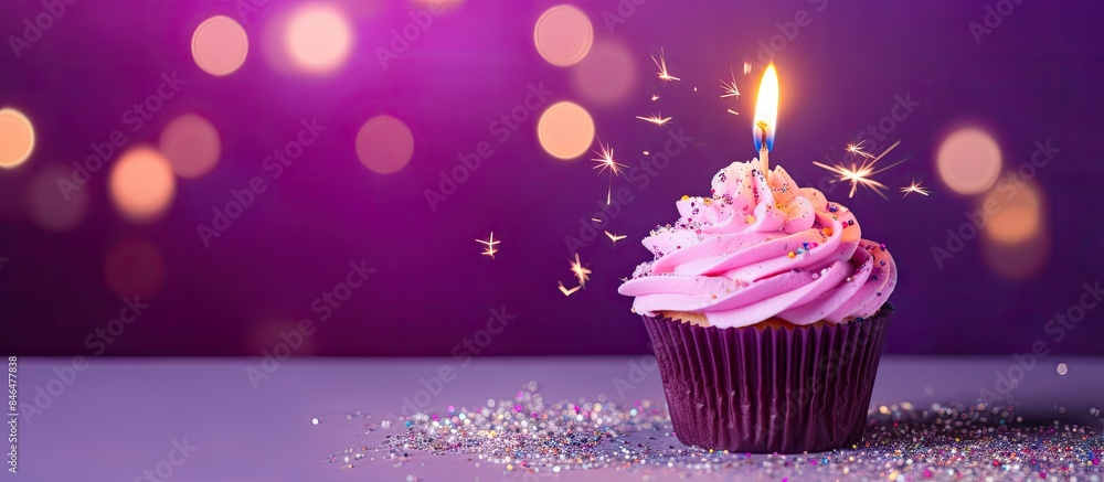 Poster vibrant violet background sets the stage for a birthday cupcake adorned with a burning candle confet