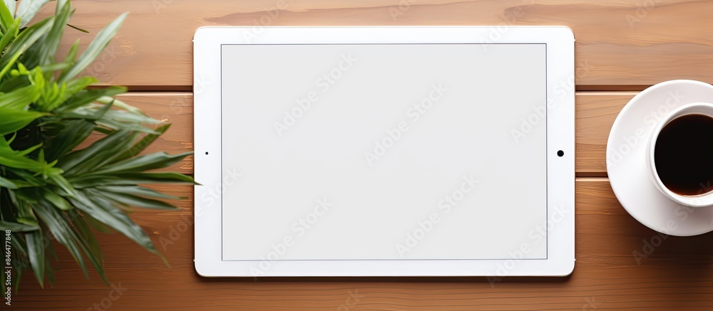 Aufkleber the top down view of a white wooden office desk showcases a tablet pc notepad pen plant and coffee c
