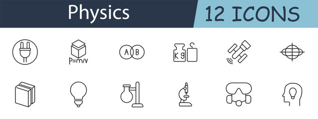 Physics set icon. Includes formulas, lab equipment, and scientific tools symbols. Suitable for education, research, and science concepts. Vector line icon on white background.