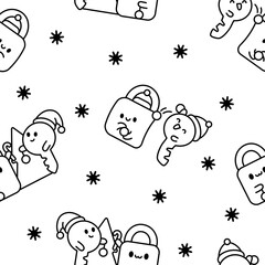 Cute kawaii padlock and key. Seamless pattern. Coloring Page. Couple cartoon character. Hand drawn style. Vector drawing. Design ornaments.