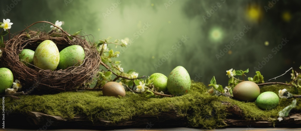 Poster On a moss covered wooden background there is a display of decorated Easter eggs and willow branches creating a picturesque image with copy space