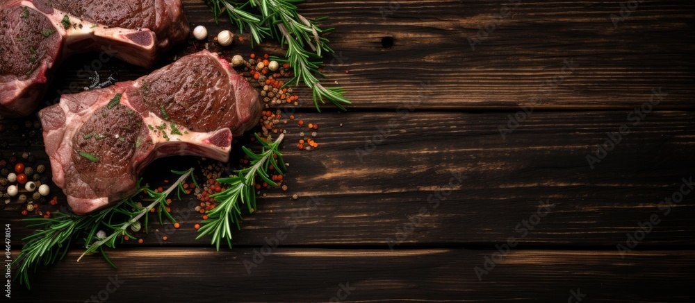 Poster top view of fresh mutton chop leg steaks uncooked and seasoned with herbs placed on a wooden backgro