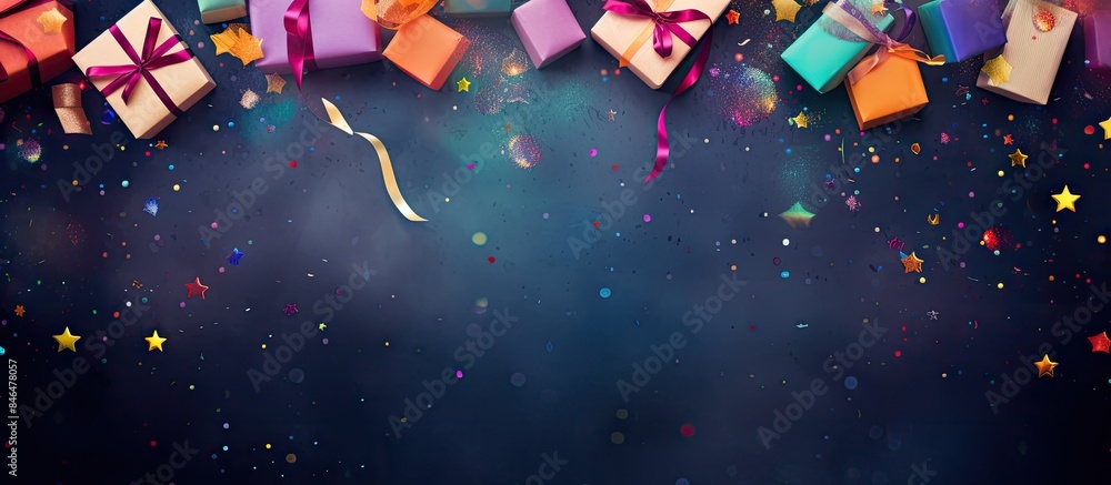 Poster Top view of colored background with gifts confetti and party accessories ideal for copy space image