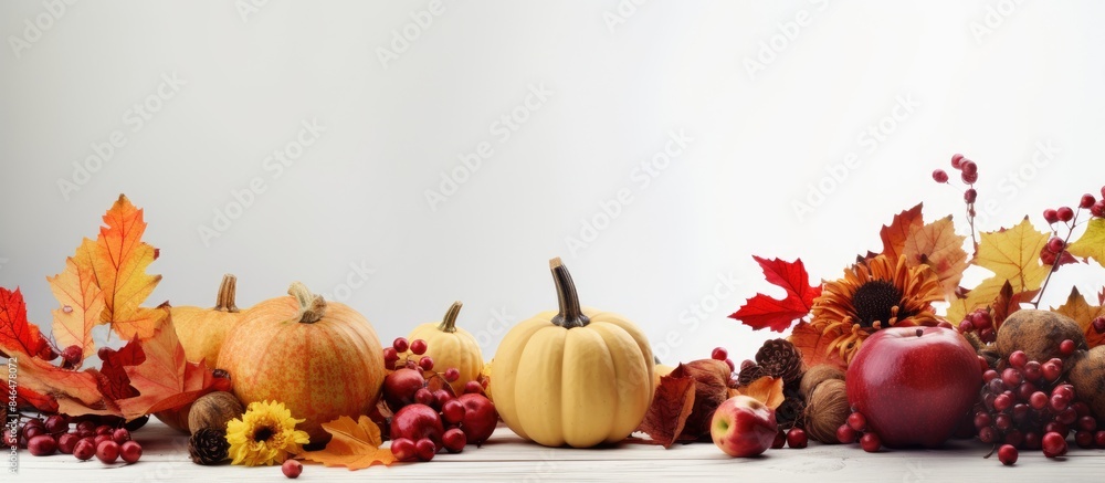 Poster Thanksgiving themed autumn elements like pumpkins apples walnuts maple leaves wheat red berries and flowers arranged on a white wooden table with a light background and room for text