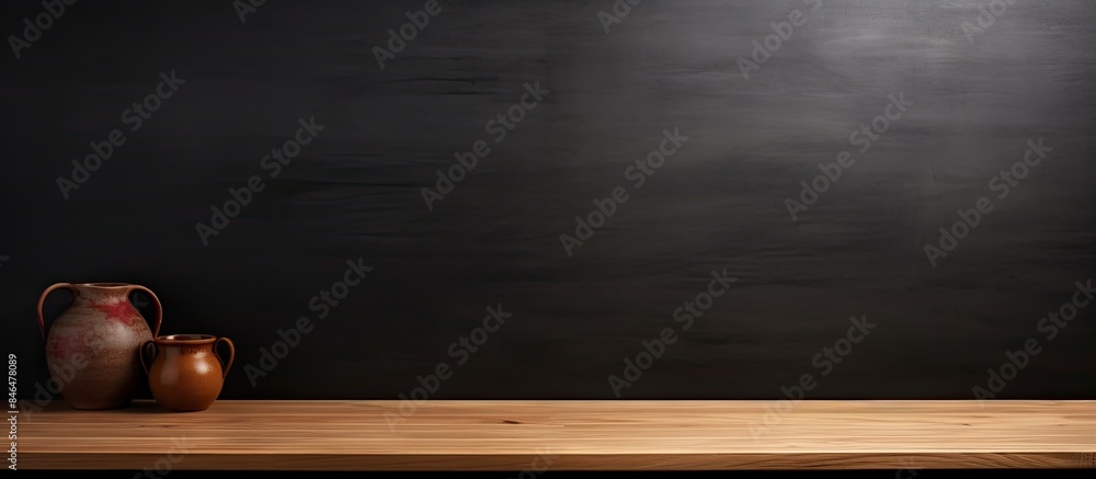 Poster there is a contemporary wooden table positioned near a black wall providing ample space for adding i