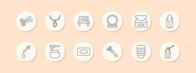Beauty set icon. Scissors, necklace, towel, mirror, tissues, nail polish, dropper. Grooming, cosmetics, self-care concept. Vector line icons on beige background.