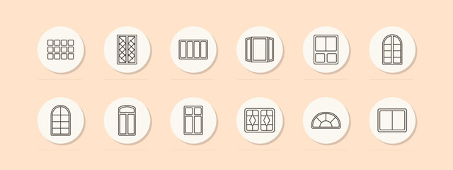 Window set icon. Various window designs including arched, paneled, and sliding. Architecture, home, building concept. Vector line icons on beige background.