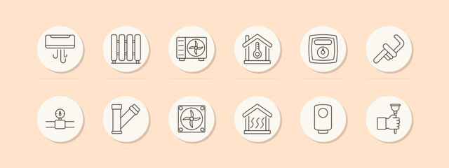 HVAC set icon. Air conditioner, radiator, thermostat, fan, heating system, boiler. Climate control, ventilation, heating concept. Vector line icons on beige background.