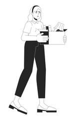 Sad european woman getting fired black and white 2D line cartoon character. Dismissed caucasian female with box isolated vector outline person. Unemployment crisis monochromatic flat spot illustration