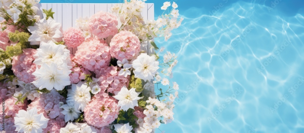 Poster top view of a flat sunbed surrounded by a captivating border of fresh flowers in soft pastel blue hu