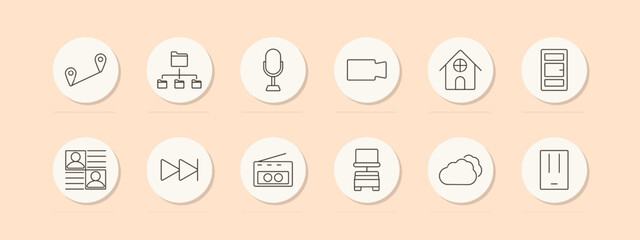 Multimedia set icon. Route, sitemap, microphone, camcorder, home, bookshelf, contacts, fast forward, radio, cloud. Media, technology, entertainment concept. Vector line icon on peach background.