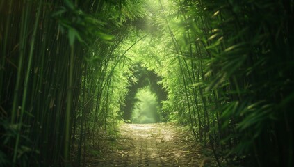 Fototapeta premium Bamboo fence at the entrance of an ancient forest path, high resolution photography, high quality photo.