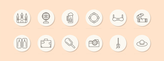 Travel set icon. Castle, globe, beer, life preserver, bikini, beach mat, flip-flops, luggage, ice cream, camera, shovel, hat. Vacation, tourism concept. Vector line icon on peach background.