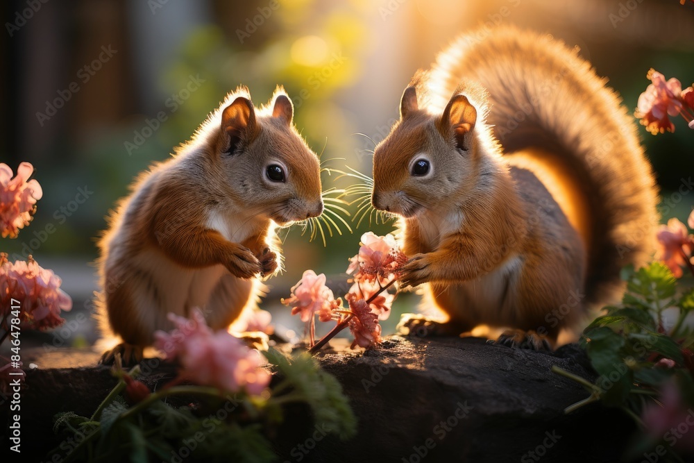 Sticker Two adorable squirrels interacting with flowers in a sunlit garden