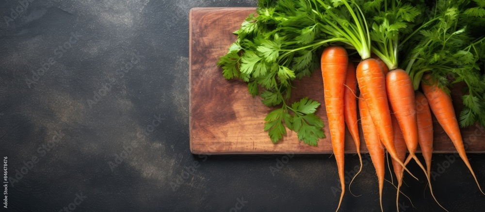 Poster top view of a wooden cutting board with a bunch of fresh carrots accompanied by a knife on a stone b