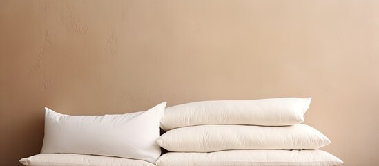 Indoors a stack of soft white pillows is placed near a beige wall providing ample copy space for text
