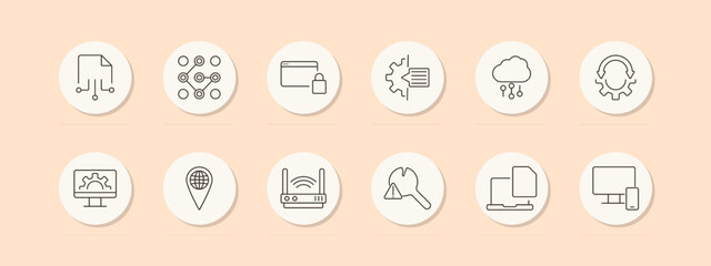 Networking set icon. Document, nodes, web security, cloud data, gear, laptop, wrench, files. Vector line icon on peach background.