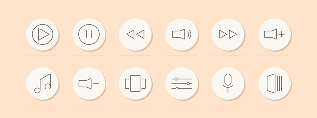 Multimedia controls set icon. Play, pause, rewind, volume, fast forward, music, equalizer, microphone, speaker. Vector line icon on peach background.