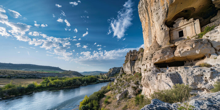landscape photography of 12th century chapel carved in a cliff above a river in Provence, Deep blue sky depth of field
