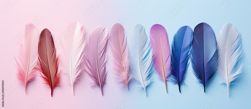 Wall mural flat lay with copy space image featuring stunning blue and pink bird feathers set against a pastel b