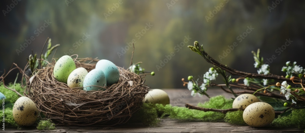 Poster on a moss covered wooden background there is a display of decorated easter eggs and willow branches 