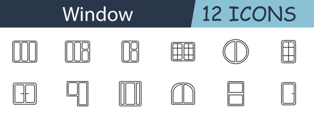 Window set icon. Sliding, casement, double-hung, bay, round, awning, picture, transom, arched, garden, hopper, jalousie. Home design concept. Vector line icon on white background.