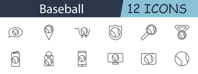 Baseball set icon. Ball, location, shopping cart, shield, magnifying glass, timer, speech bubble, brochure, keychain, smartphone, TV, camera. Sports concept. Vector line icon on white background.