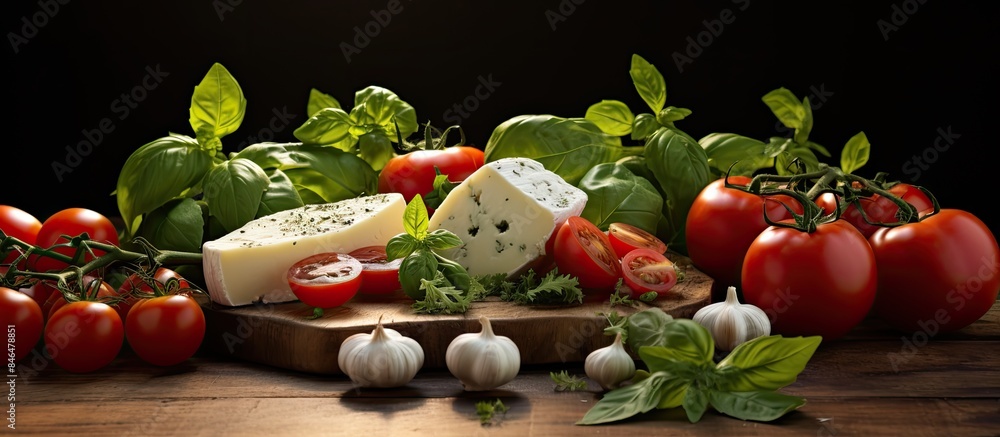 Poster the ingredients for a delicious salad cheese tomatoes cucumbers and basil are beautifully arranged o