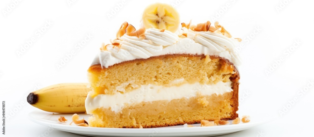Poster There is a copy space image of a slice of banana cake placed on a white background
