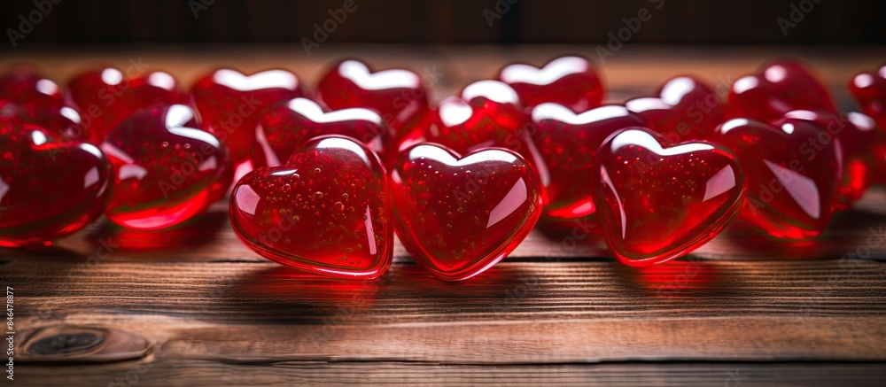 Aufkleber valentine s day concept with copy space image displaying red jelly hearts on a wooden background