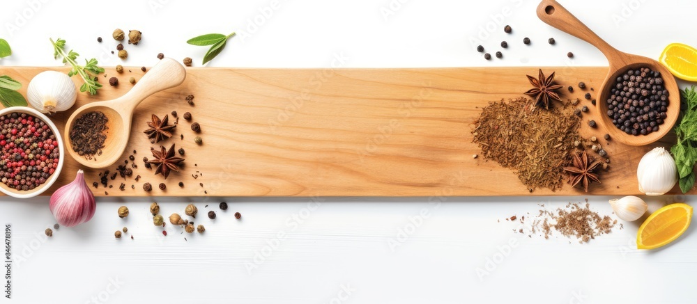 Aufkleber Top view of a wooden cutting board with scoops and spoons of spices set against a white background This copy space image is a mock up for a menu or recipe