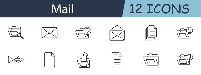 Mail set icon. Folder, envelope, query, inbox, outbox, document, sent, received, attachment, message, communication. Email concept. Vector line icon on white background.