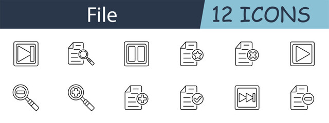 File set icon. Play, pause, search, star, delete, add, zoom in, zoom out, forward, backward, document, checkmark. Document management, multimedia control, file operations concept.