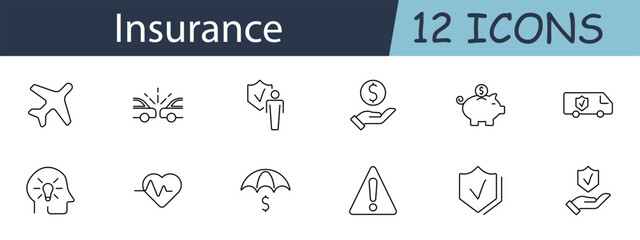 Insurance set icon. Airplane, car crash, person, hand with money, piggy bank, van, heart, warning, shield, umbrella. Various insurance types, protection services, risk management concept.
