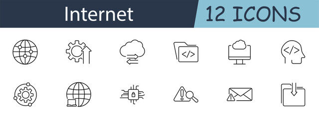 Internet set icon. Globe, gear, cloud, folder, coding, head, computer, magnifying glass, warning, email, download. Internet services, digital technology, web development concept.