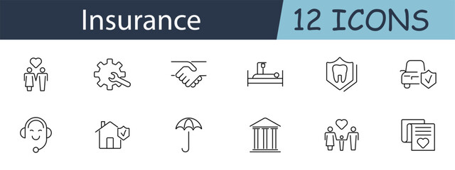 Insurance set icon. Family, gear, handshake, hospital bed, dental shield, car, headset, house, umbrella, building. Comprehensive insurance, health, property, and life protection concept.
