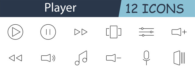 Player set icon. Play, pause, fast forward, settings, volume up, volume down, music note, microphone, speaker, equalizer, rewind. Multimedia controls, audio and video playback concept.