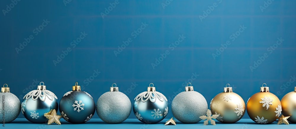 Poster festive christmas ornaments in various colors cascade down on a vibrant blue backdrop creating a mer