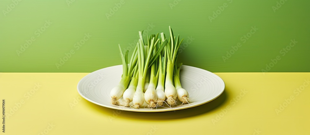 Poster copy space image of a plate featuring fresh leeks arranged neatly on a bright table