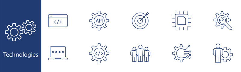 Technologies set icon. Coding, API, target, chip, settings, team, cybersecurity, circuit. Programming, technology development, IT solutions, tech support concept.