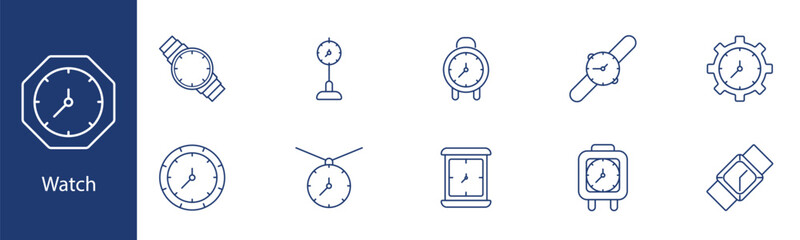 Fototapeta premium Watch set icon. Wristwatch, wall clock, stopwatch, gear clock, timepiece. Timekeeping, punctuality, chronometry, time management concept.